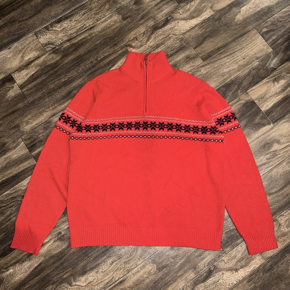 J.Crew Men's XL 100% Lambswool 1/4 Zip Pullover Sweater Red Nordic Snowflake